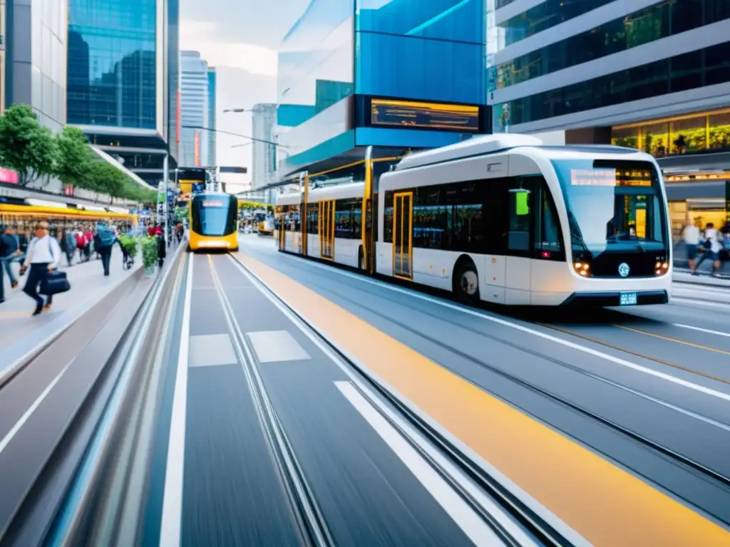 Una ciudad vibrante con innovaciones tecnología transporte público sostenible, mostrando una red de transporte urbano moderna y sostenible