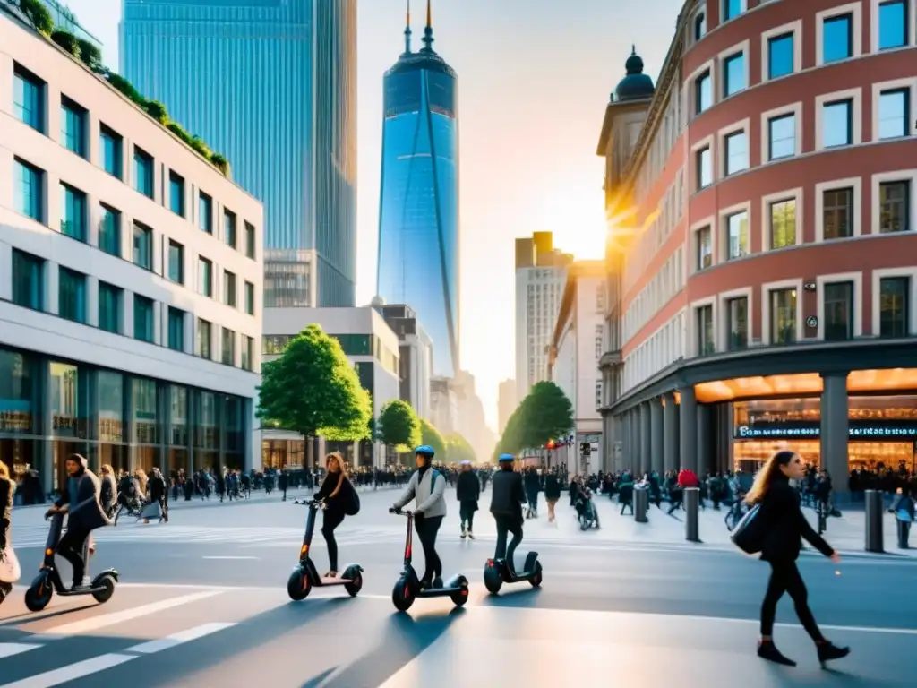 Una ciudad vibrante llena de energía, con modernos rascacielos y edificios históricos, iluminada por el cálido atardecer