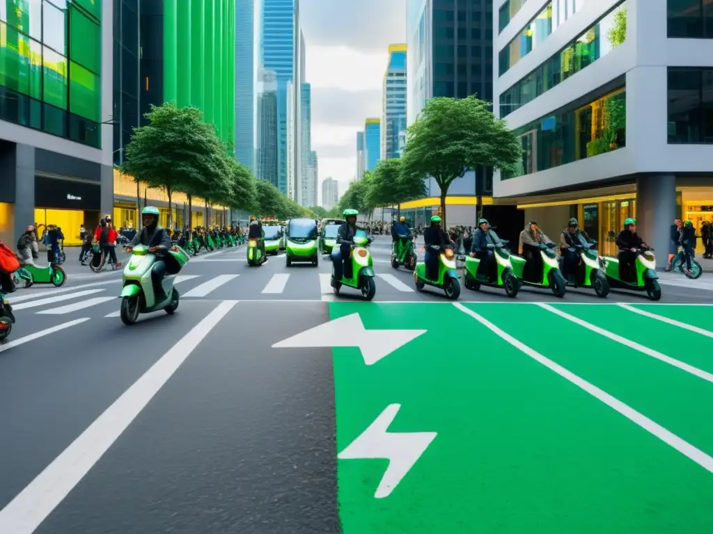 Una ciudad vibrante con scooters eléctricos y una infraestructura ecoamigable