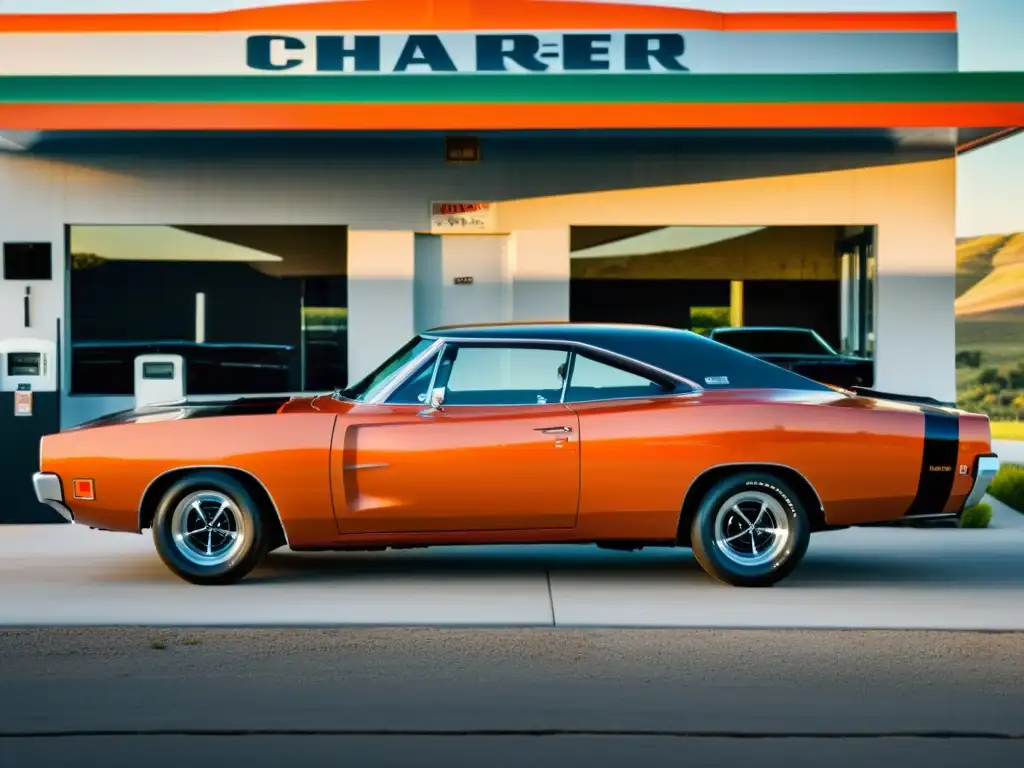 Un clásico Dodge Charger del 1969 en color naranja brillante con una franja negra, estacionado frente a una gasolinera rural