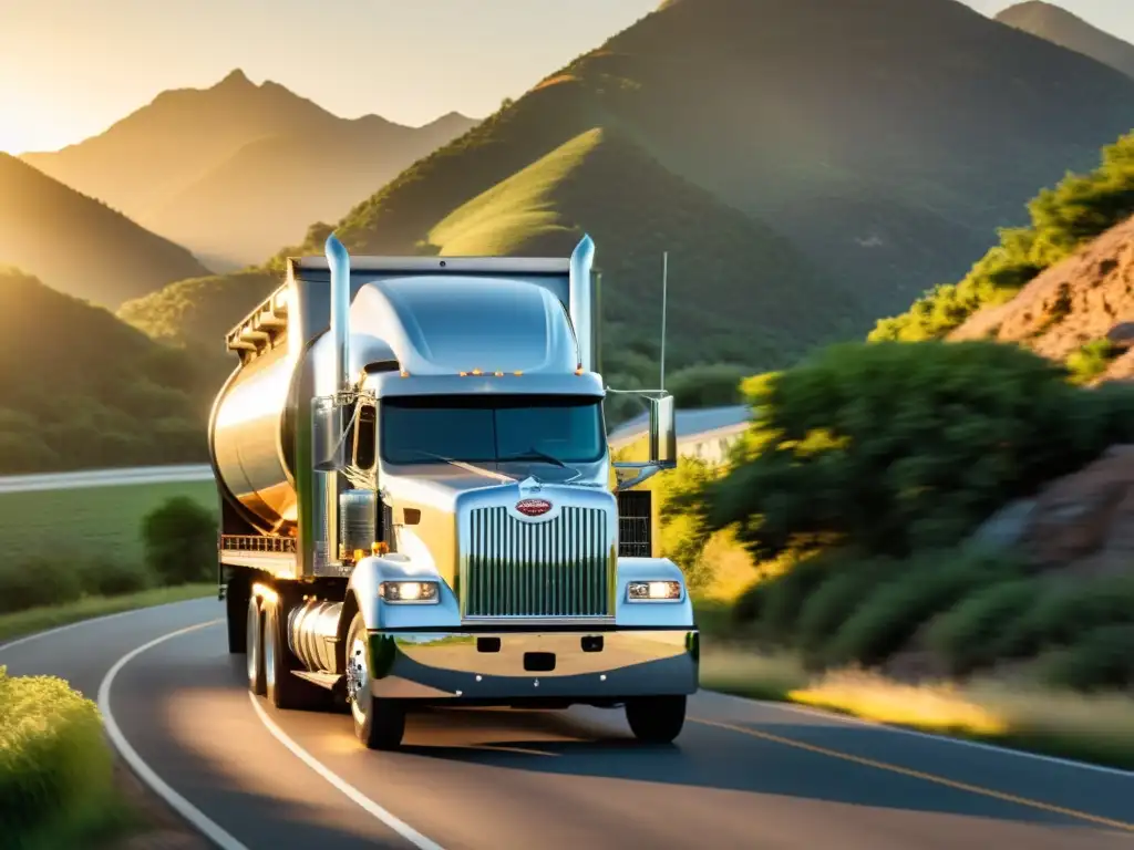 Un clásico camión Mack recorre una pintoresca carretera americana al atardecer