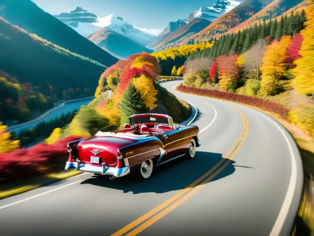 Un clásico Chevrolet Bel Air rojo en carretera serpenteante con follaje otoñal