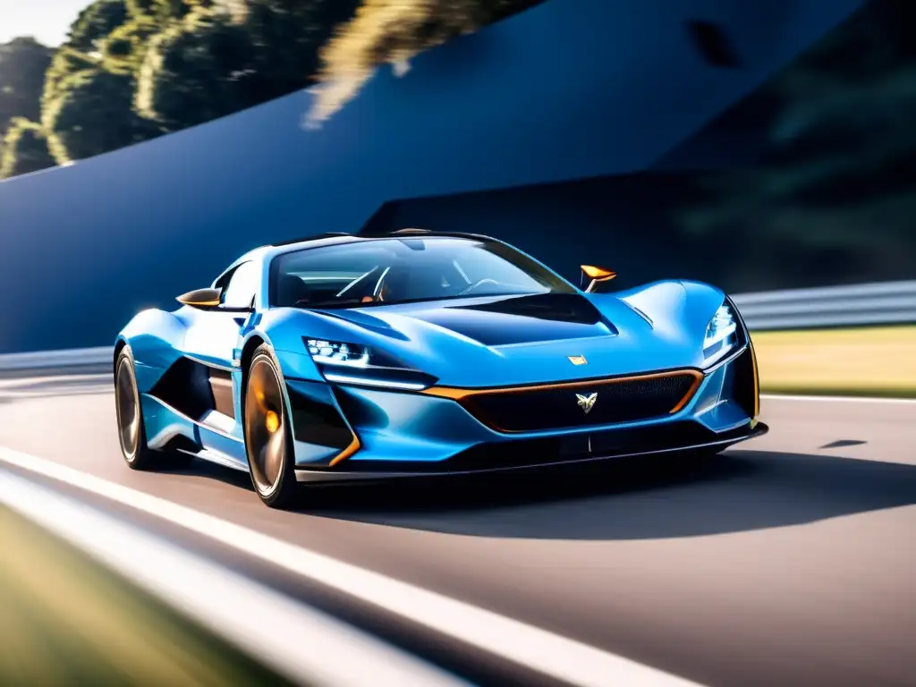 Closeup del aerodinámico superdeportivo eléctrico Rimac Nevera, resplandeciente bajo el sol, con paisaje urbano borroso al fondo