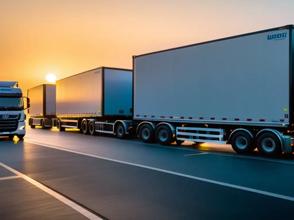 Centro logístico al amanecer: inspección y carga de camiones refrigerados Coberturas seguros transporte refrigerado: Flota de camiones refrigerados cargando mercancía en un centro logístico al amanecer