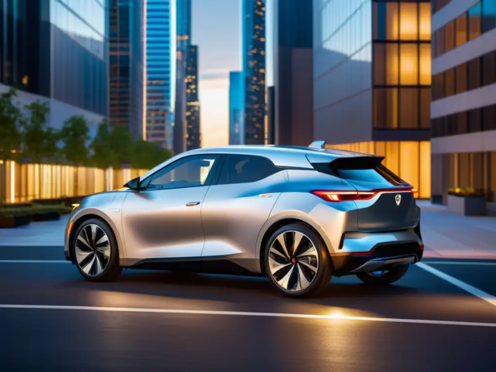 Un coche compacto futurista y elegante en un entorno urbano moderno con rascacielos de cristal y luces de ciudad