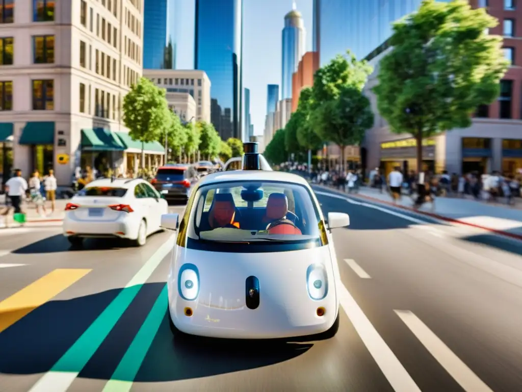 Un coche autónomo de Google recorriendo una concurrida calle de la ciudad, muestra tecnología avanzada y seguridad