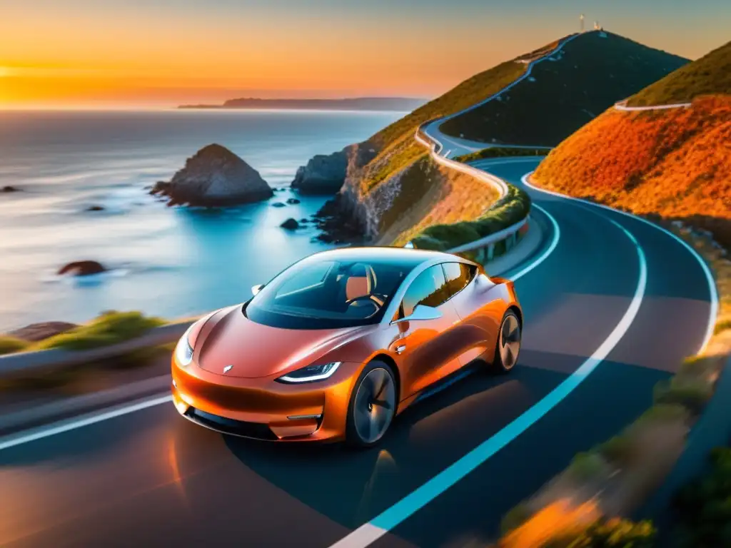 Un coche eléctrico recorre una carretera costera al atardecer, destacando su diseño futurista y las baterías de larga duración