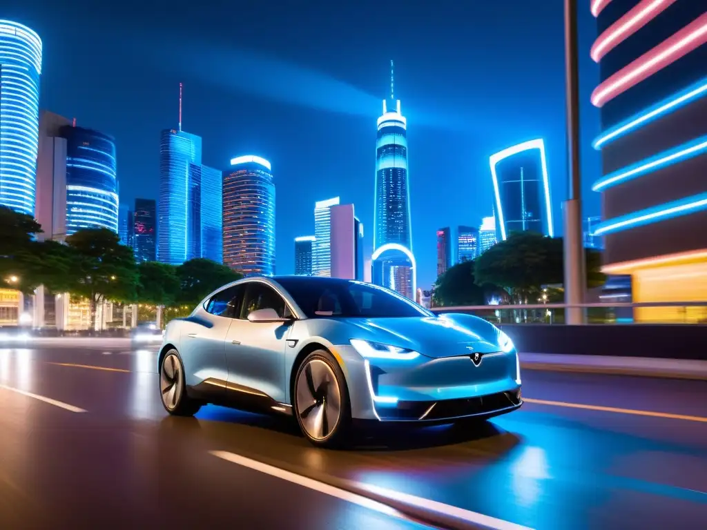 Coche eléctrico en ciudad futurista iluminada por neón Un coche eléctrico recorre una ciudad futurista de noche con luces de neón