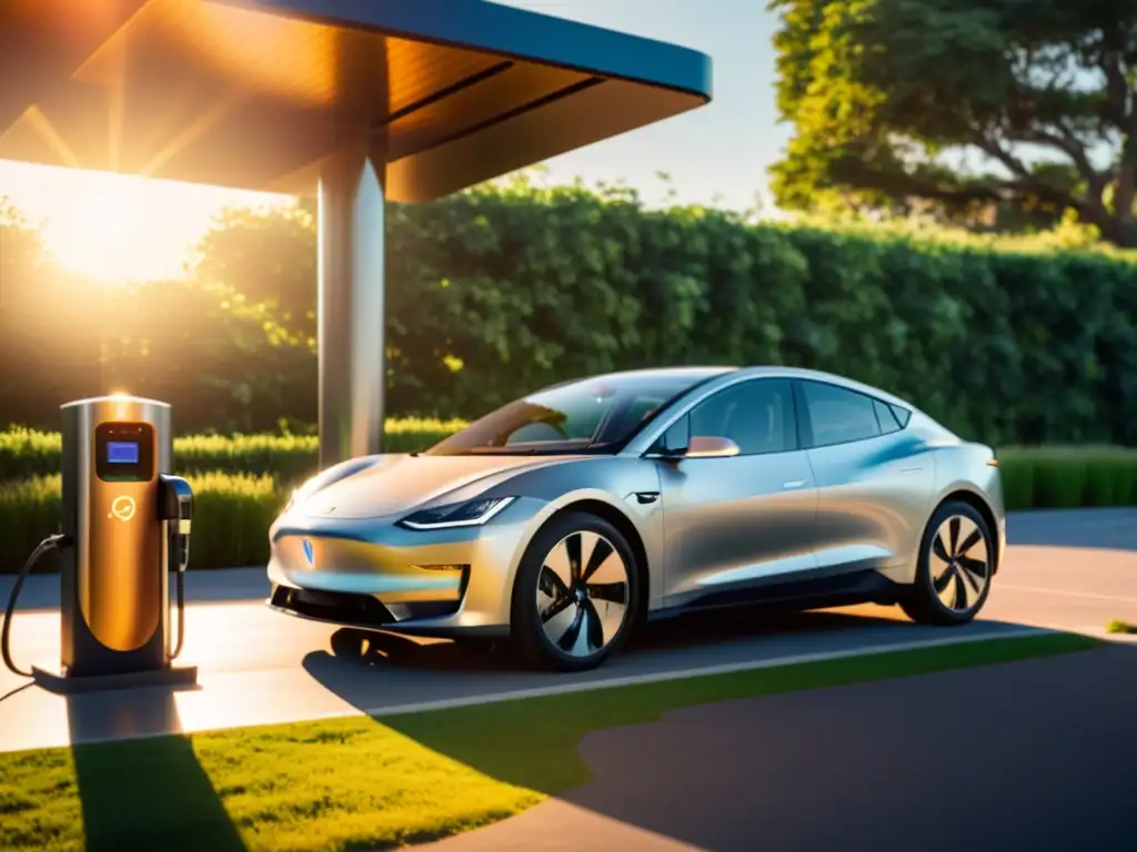 Un coche eléctrico elegante se carga en estación solar, rodeado de naturaleza, bajo el cálido atardecer