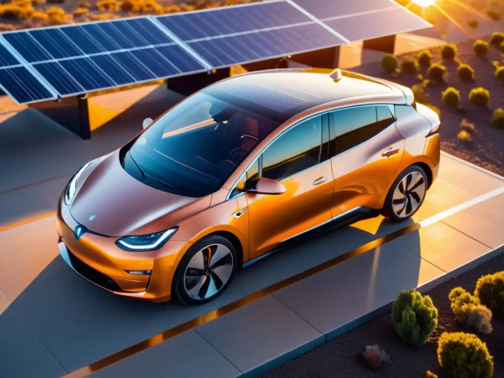 Un coche eléctrico se carga con energía solar al atardecer, simbolizando los beneficios de vehículos eléctricos sostenibles