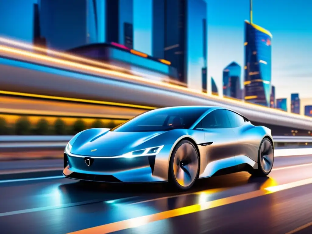 Un coche eléctrico futurista y aerodinámico avanza velozmente en una autopista, rodeado de vehículos modernos