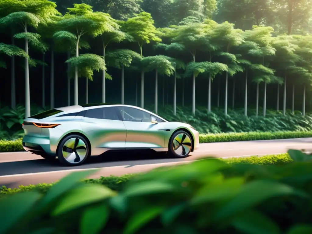 Un coche eléctrico moderno en un bosque exuberante, simbolizando la armonía entre la tecnología sostenible y el planeta