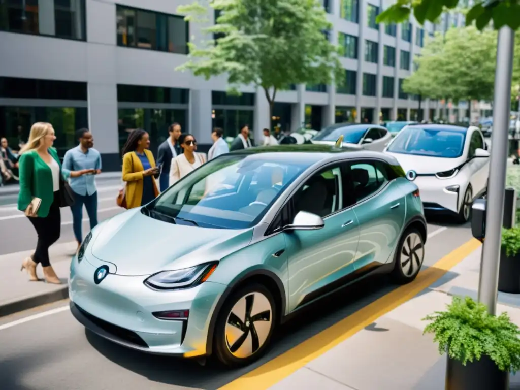 Un coche eléctrico moderno en una bulliciosa calle urbana, rodeado de gente sonriente, aire limpio y vegetación