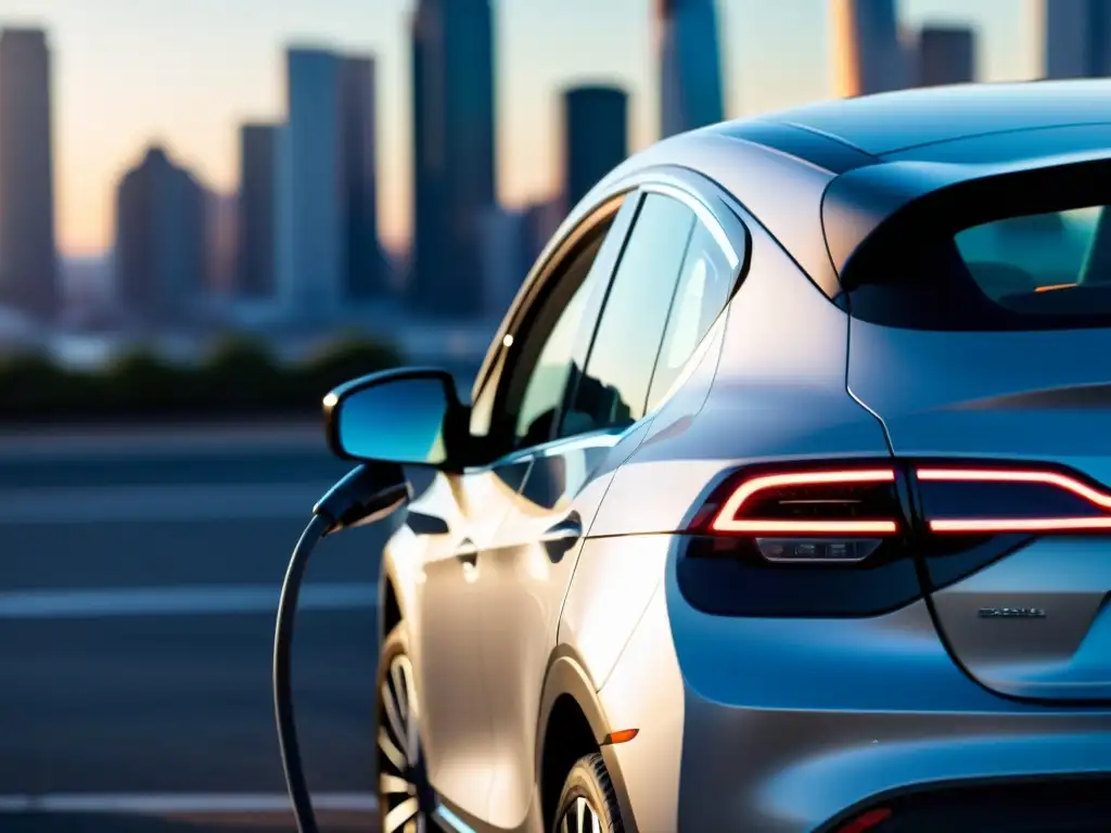 Un coche eléctrico moderno y elegante se carga en una estación con la ciudad al fondo, mostrando el impacto del litio en transporte sostenible