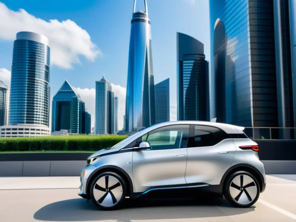 Un coche eléctrico plateado y elegante en una ciudad moderna, rodeado de rascacielos