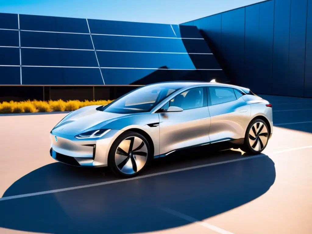 Coche eléctrico con techos solares integrados, en entorno urbano futurista, reflejando revolución tecnológica