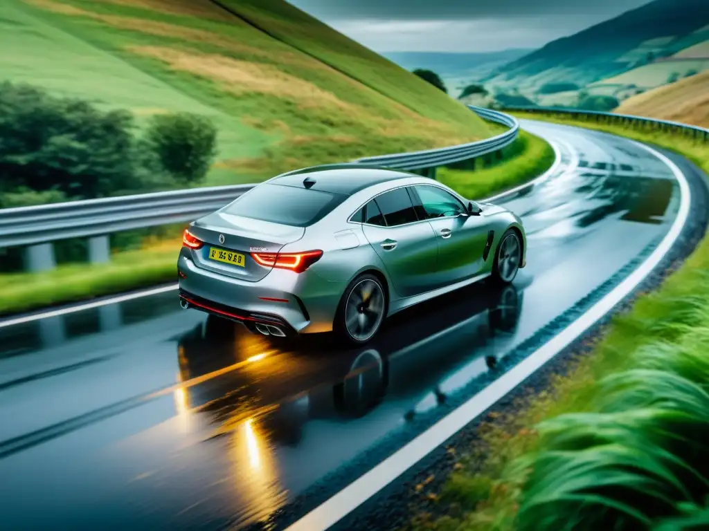 Un coche moderno en una curva mojada, con tecnologías de estabilidad electrónica en acción, resaltando la seguridad en carreteras