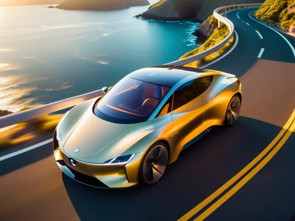 Un coche solar innovador surcando una carretera costera al atardecer, con paneles solares brillantes y un conductor concentrado