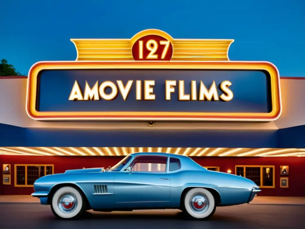 Un coche vintage frente al cine con influencia del cine en diseño automotriz, evocando nostalgia y encanto cinematográfico al anochecer