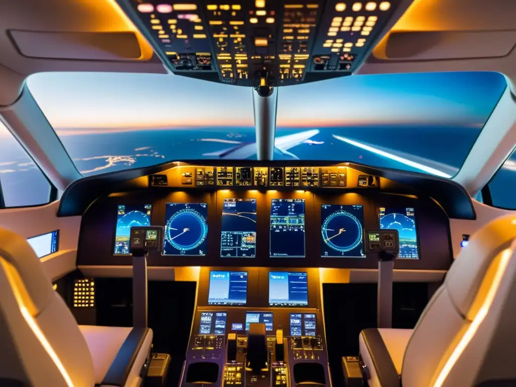 Un cockpit de avión moderno con avanzadas pantallas digitales de control de vuelo, piloto ajustando controles con precisión