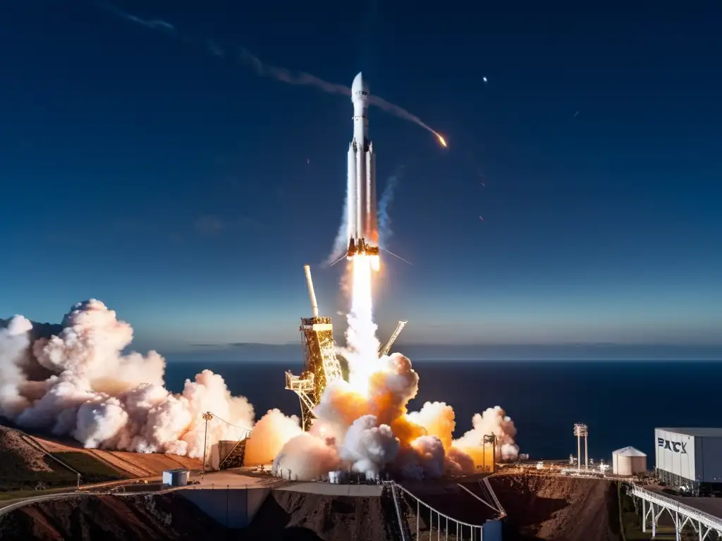 El cohete Falcon 9 de SpaceX despega en la noche, con la luz iluminando la Tierra curvada, mostrando la nueva era espacial innovaciones tecnológicas