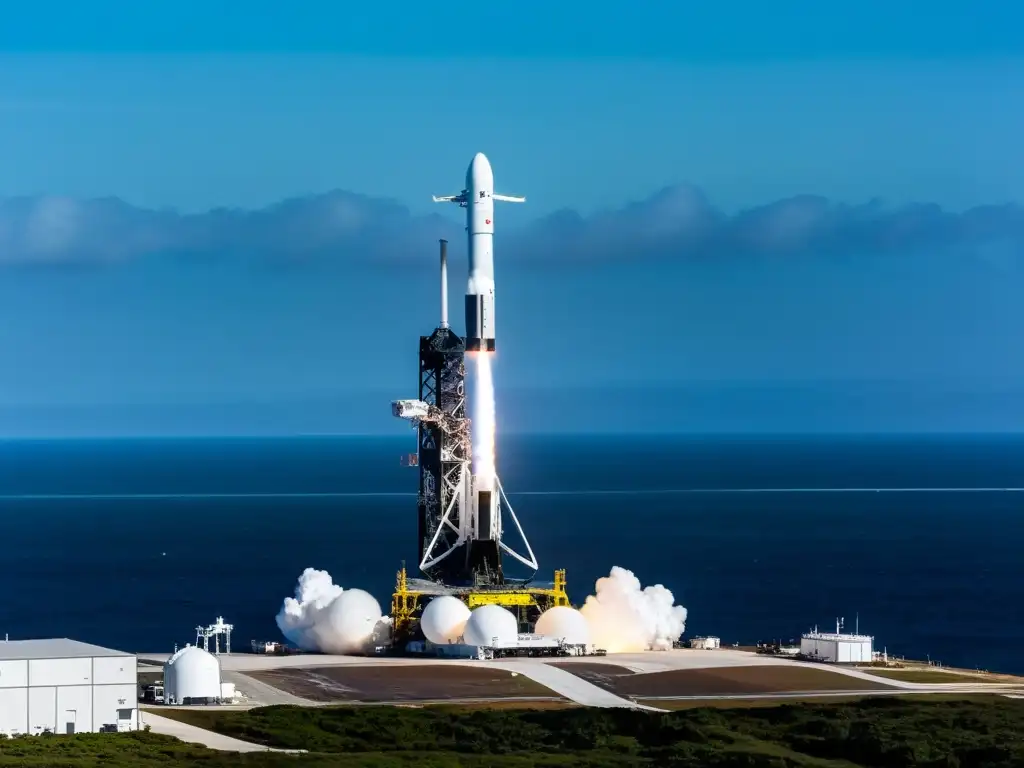 Un cohete Falcon 9 de SpaceX en la plataforma de lanzamiento, con su etapa de impulso reutilizable aterrizando en un barco drone en el océano, destacando la tecnología revolucionaria de reutilización de cohetes y su impacto económico en el turismo espacial