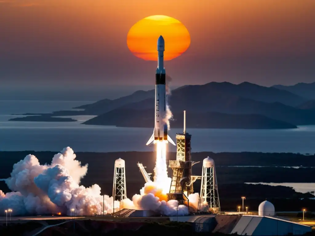 Un cohete Falcon 9 de SpaceX en la plataforma de lanzamiento, con el sol poniéndose al fondo, iluminando el paisaje