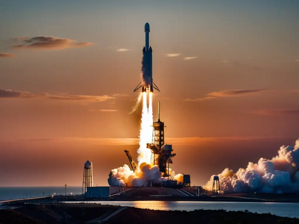 Un cohete Falcon 9 de SpaceX en la plataforma de lanzamiento, iluminado por la cálida luz del atardecer