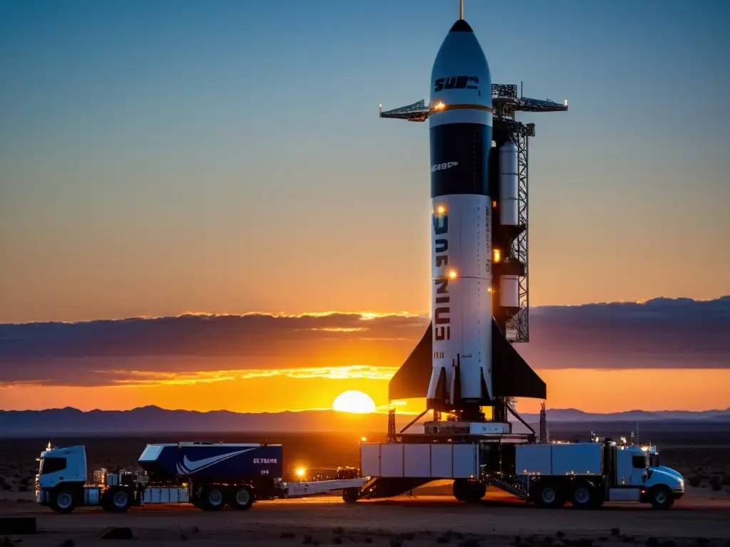 Un cohete Blue Origin New Shepard en la plataforma de lanzamiento, bañado por la cálida luz del atardecer