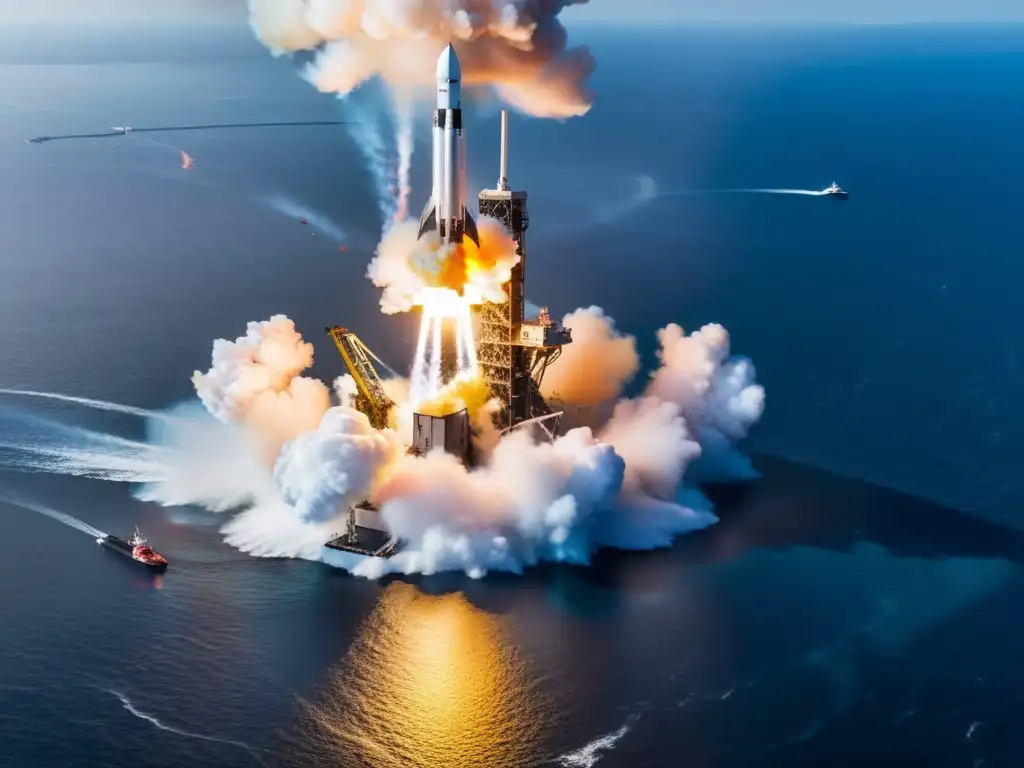 Un cohete SpaceX Falcon 9 aterrizando en un barco en el océano, con llamas y humo, destacando la tecnología reutilizable de cohetes, reduciendo costos