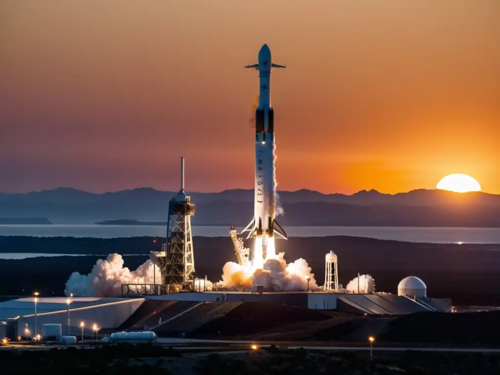 Un cohete SpaceX Falcon 9 en la plataforma de lanzamiento al atardecer, rodeado de técnicos realizando controles finales, reflejando la nueva era espacial innovaciones tecnológicas con un ambiente futurista y cálido