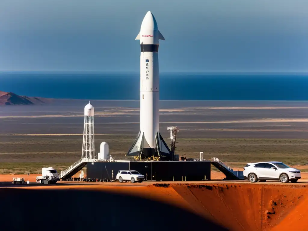 El cohete de SpaceX se alza en el lanzamiento hacia Marte, destacando en el paisaje marciano