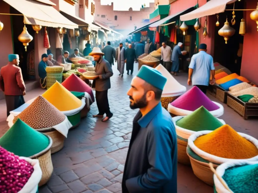 Una colorida y bulliciosa escena de un mercado en Marrakech, Marruecos, capturando la esencia de la aventura y la inmersión cultural