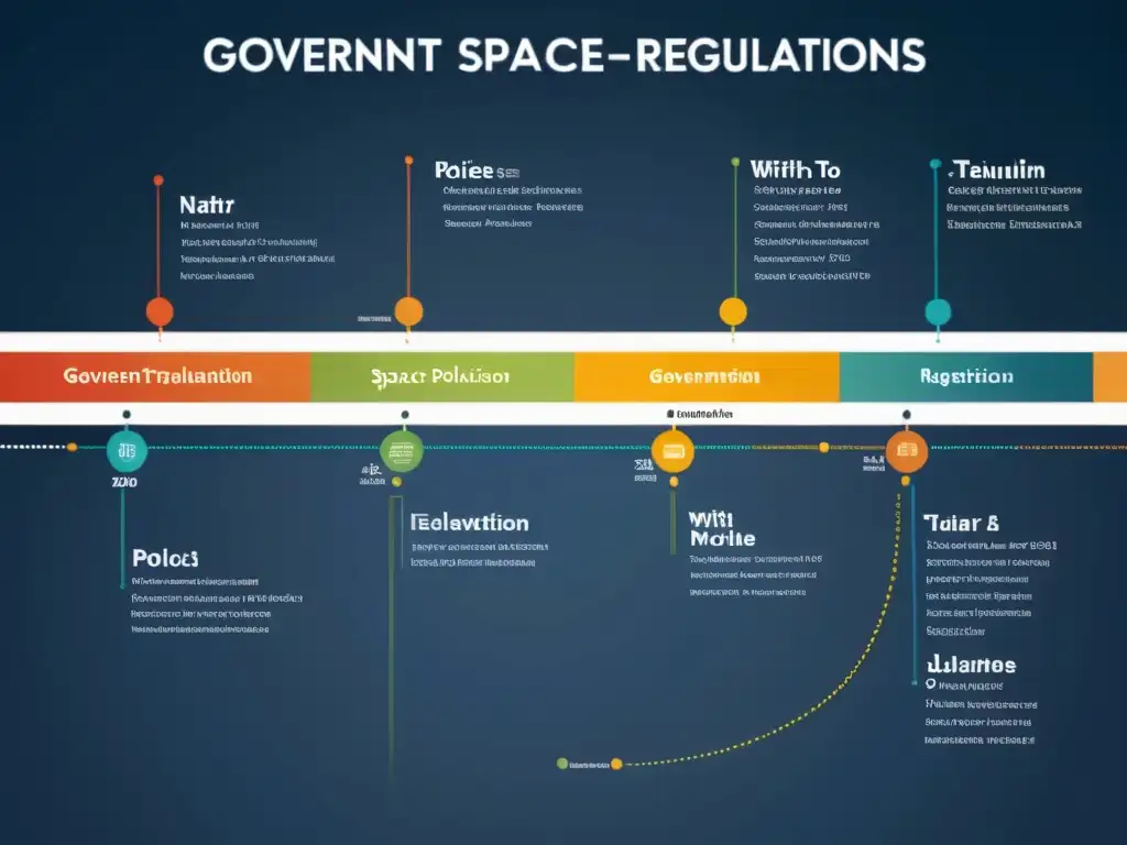 Colorido gráfico de línea de tiempo muestra la evolución de regulaciones de transporte espacial, con énfasis en hitos y cambios clave a lo largo de los años