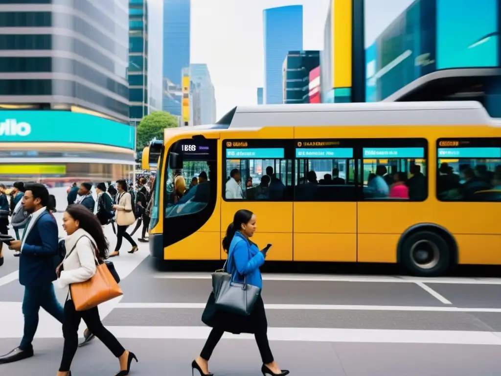 Commuters usando aplicaciones móviles para transporte inteligente en una bulliciosa parada de autobús durante la hora pico de una ciudad vibrante