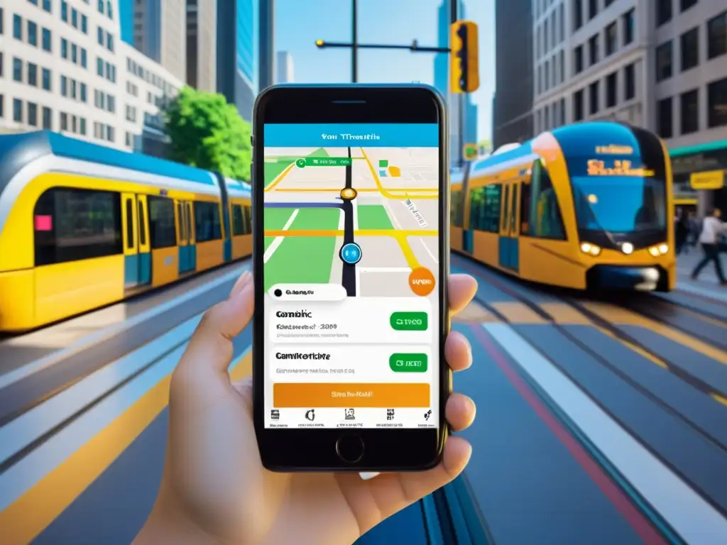 Commuters utilizan app de transporte gamificada en bulliciosa calle de la ciudad