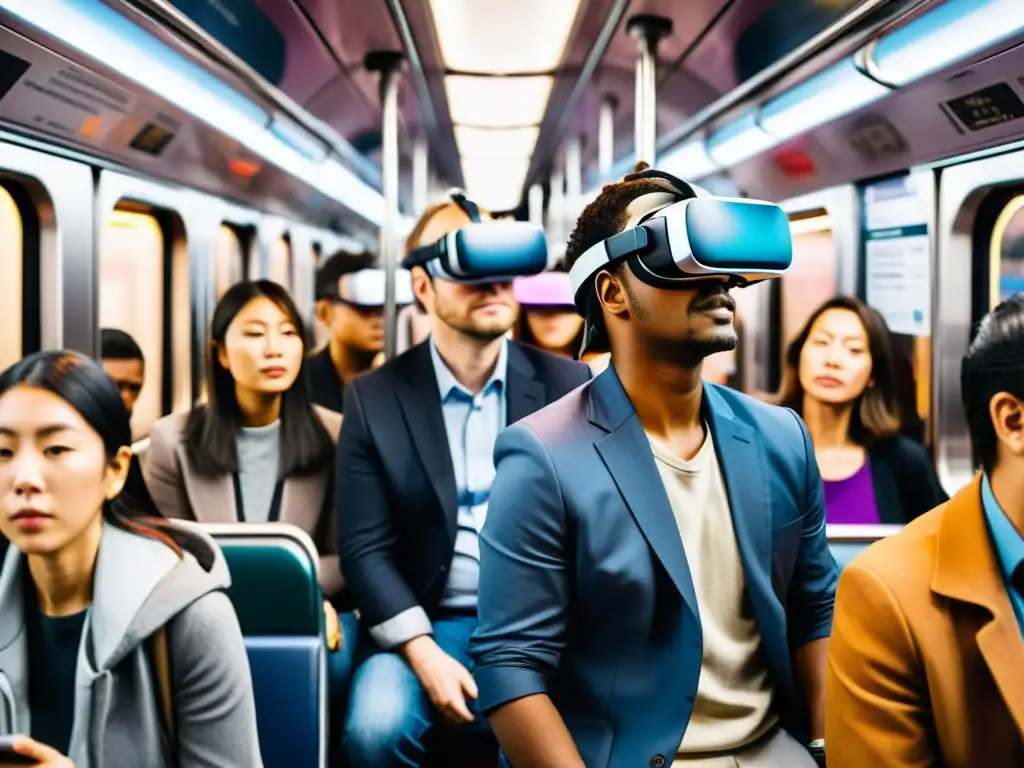 Commuters experimentando innovaciones tecnológicas en transportes con VR en el tren abarrotado