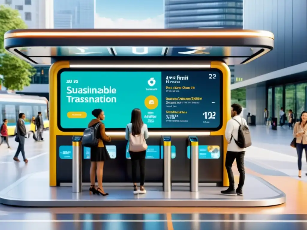 Commuters participan en juegos en parada de autobús futurista, promoviendo la gamificación en sistemas de transporte inteligentes