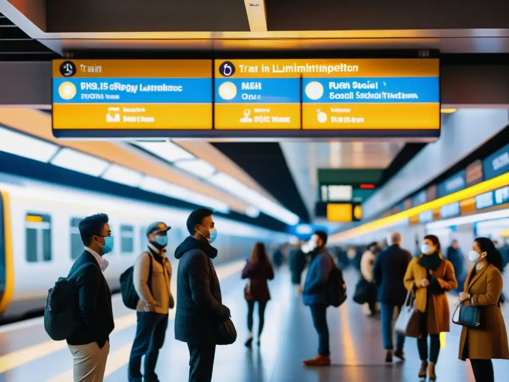 Commuters con mascarillas mantienen el distanciamiento en una estación de tren