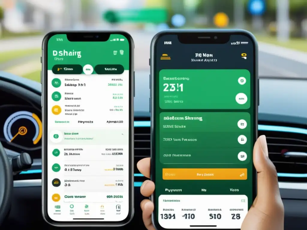 Comparativa de aplicaciones car sharing: Dos dashboards muestran interfaces detalladas de dos apps, destacando diferencias en funcionalidad y experiencia del usuario