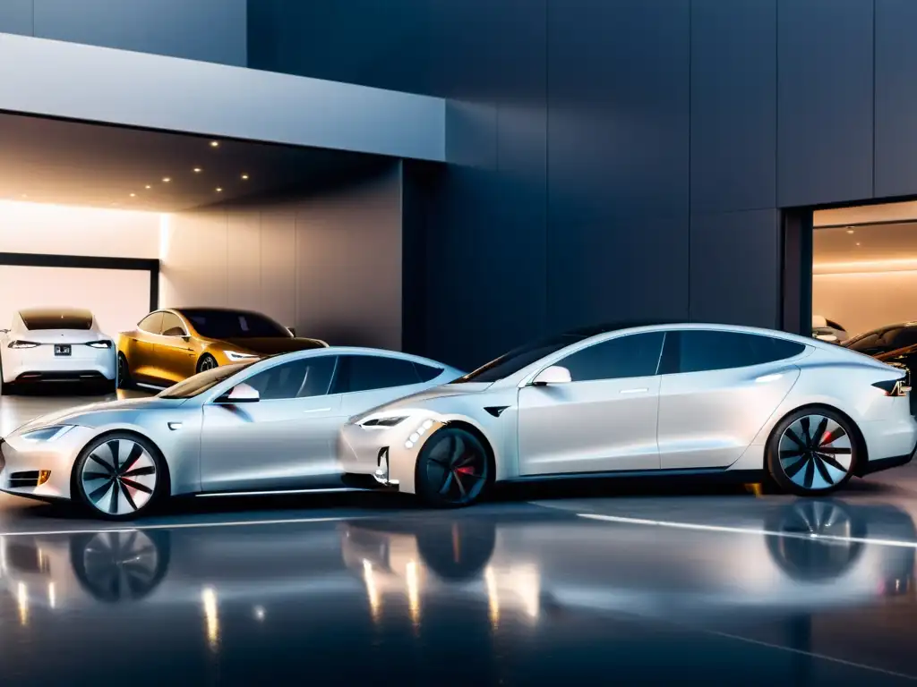 Comparativa de vehículos eléctricos de lujo: dos elegantes autos, Tesla Model S y Lucid Air, lucen en un showroom futurista, bañados por luz natural