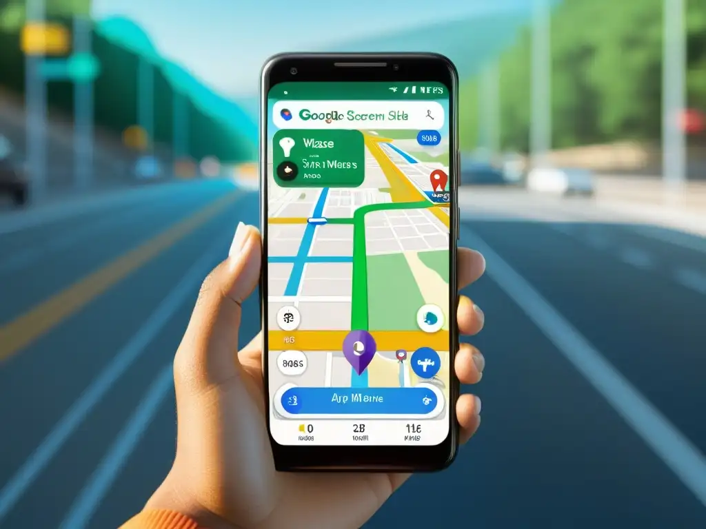 Comparativa Waze Google Maps viajero: Pantalla de smartphone muestra ambos apps con tráfico y rutas detalladas