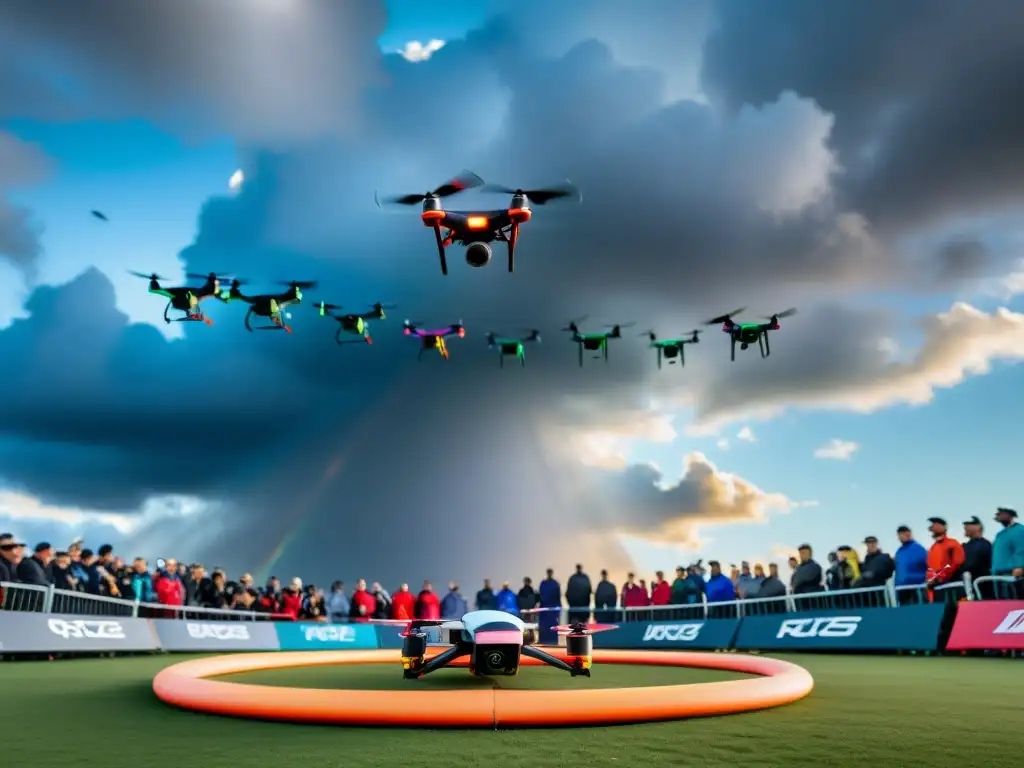 Competencia de drones con colores brillantes surcando un circuito futurista