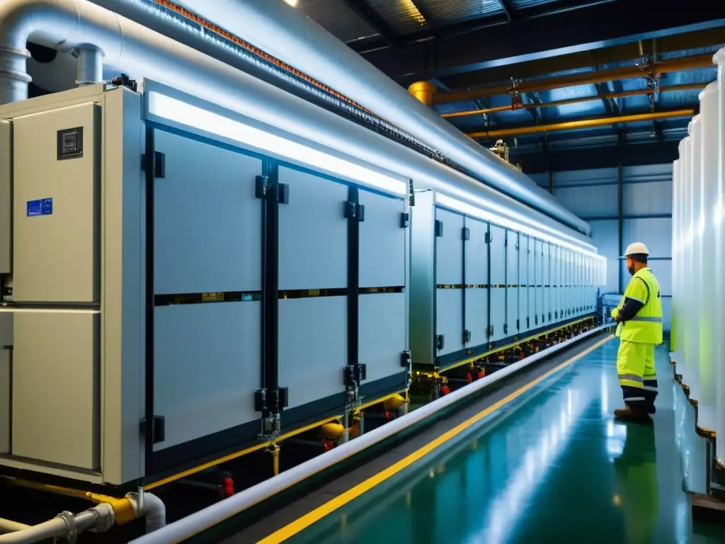 Compleja unidad de refrigeración industrial con trabajadores inspeccionando el sistema