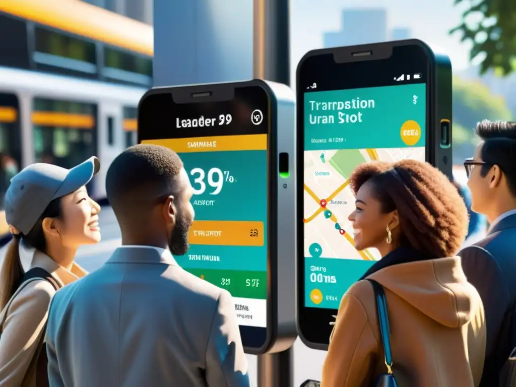 Comunidad diversa usando una app de transporte en la parada del autobús de la ciudad