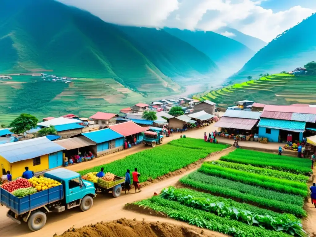 Una comunidad rural vibrante en un paisaje montañoso, muestra la vida diaria y las actividades económicas