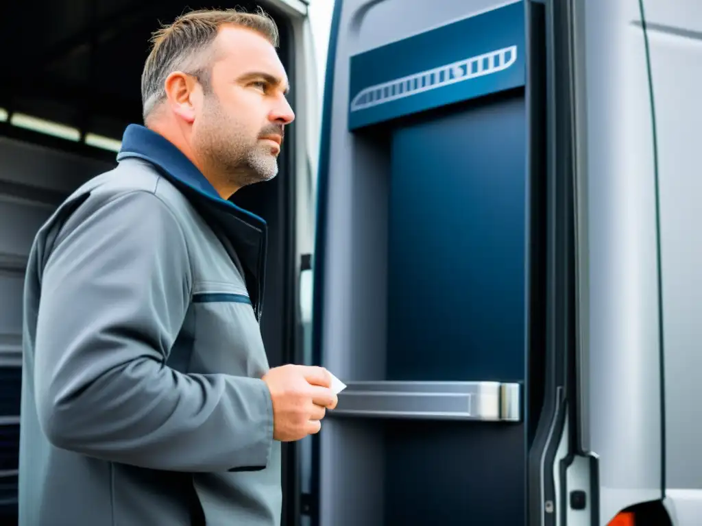 Concentrado conductor verifica unidad de refrigeración en camión, experiencia en transporte frío desde su perspectiva