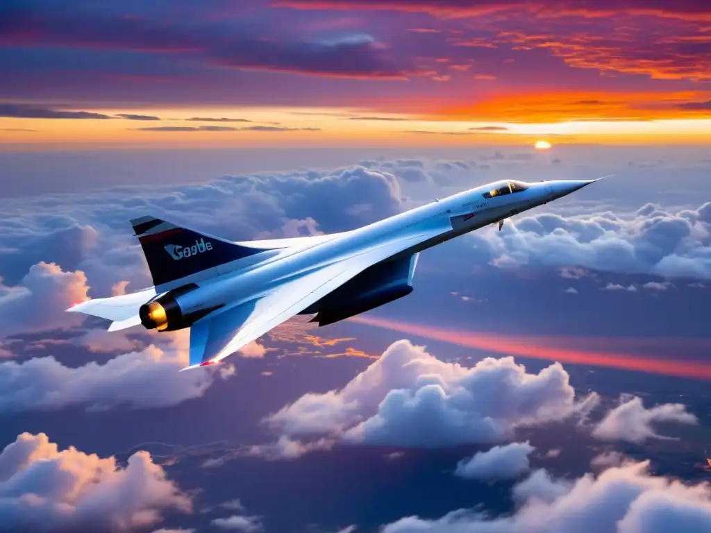 El Concorde surca el cielo en un atardecer vibrante, evocando velocidad y elegancia