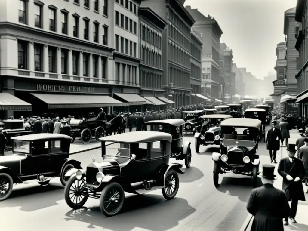 Una concurrida calle de ciudad en blanco y negro de principios de 1900, con coches de caballos, automóviles clásicos y peatones