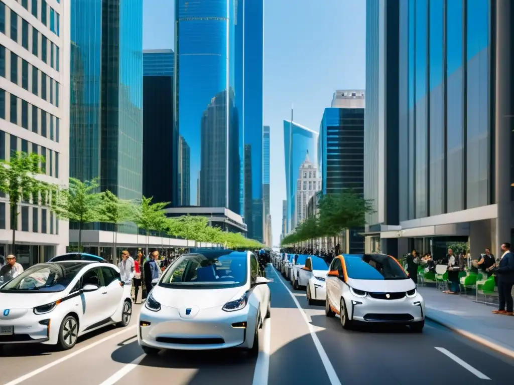 Una concurrida calle de la ciudad con coches tradicionales y vehículos eléctricos modernos, reflejando el desarrollo histórico de medios de transporte